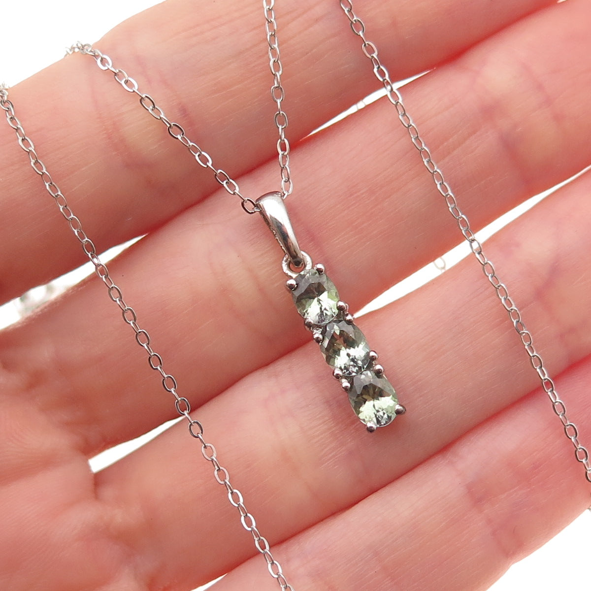 Chuck Clemency 925 Sterling Silver Real Green Amethyst Cable Chain Necklace 20"