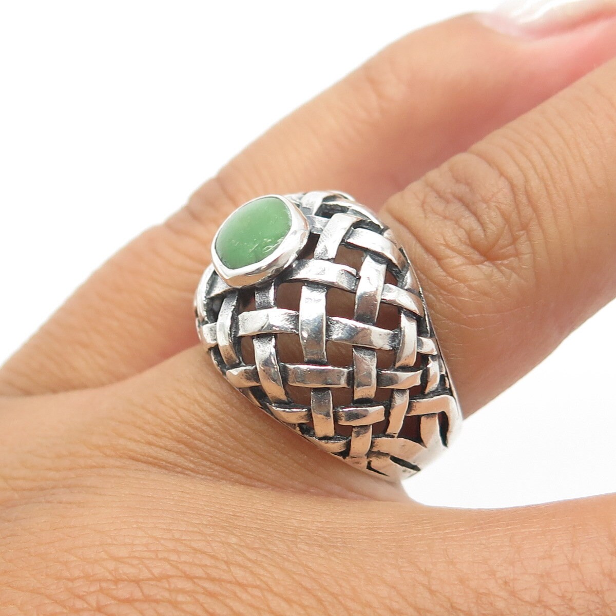 925 Sterling Silver Vintage Real Jade Gemstone Cage Ring Size 6