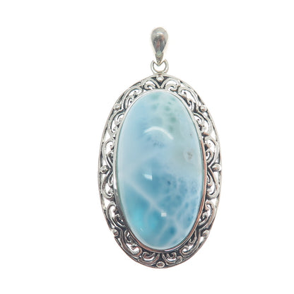 CFJ COLLINS FINE 925 Sterling Silver Real Larimar Gemstone Ornate Oval Pendant