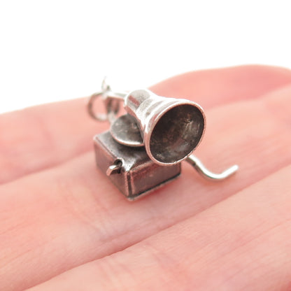 925 Sterling Silver Antique Art Deco Gramophone Oxidized 3D Mini Charm Pendant