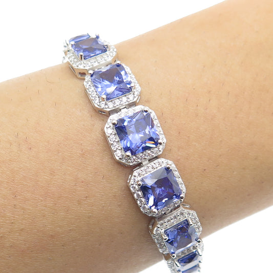 925 Sterling Silver Blue & White C Z Princess Link Bracelet 8"