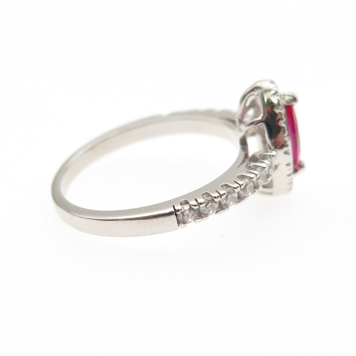 925 Sterling Silver Vintage Marquise-Cut Lab-Created Ruby & C Z Ring Size 7