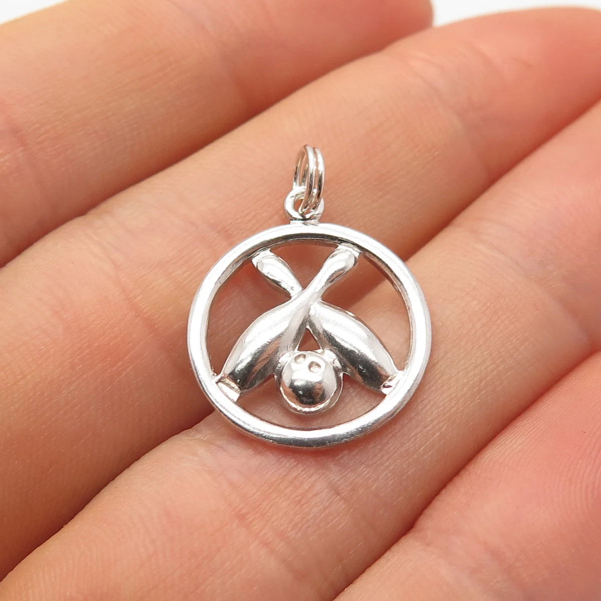 925 Sterling Silver Vintage Bowling For Good Luck Round Charm Pendant