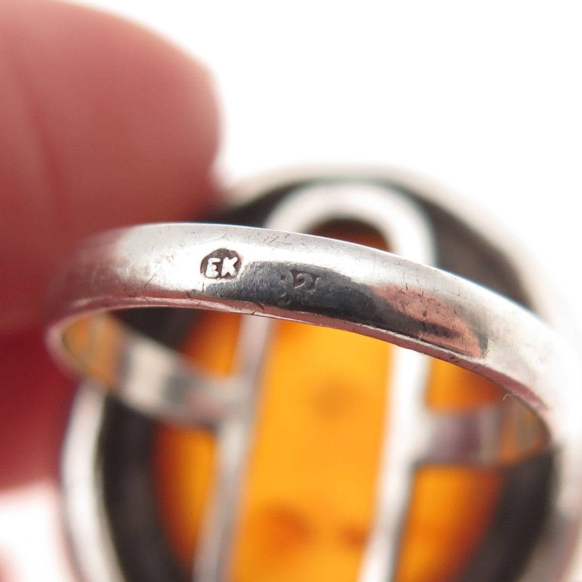 925 Sterling Silver Vintage EK Poland Real Amber Modernist Ring Size 6.75