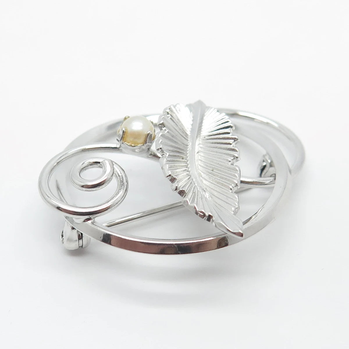 925 Sterling Silver Vintage DIXELL Real Pearl Leaf Pin Brooch