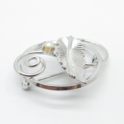925 Sterling Silver Vintage DIXELL Real Pearl Leaf Pin Brooch