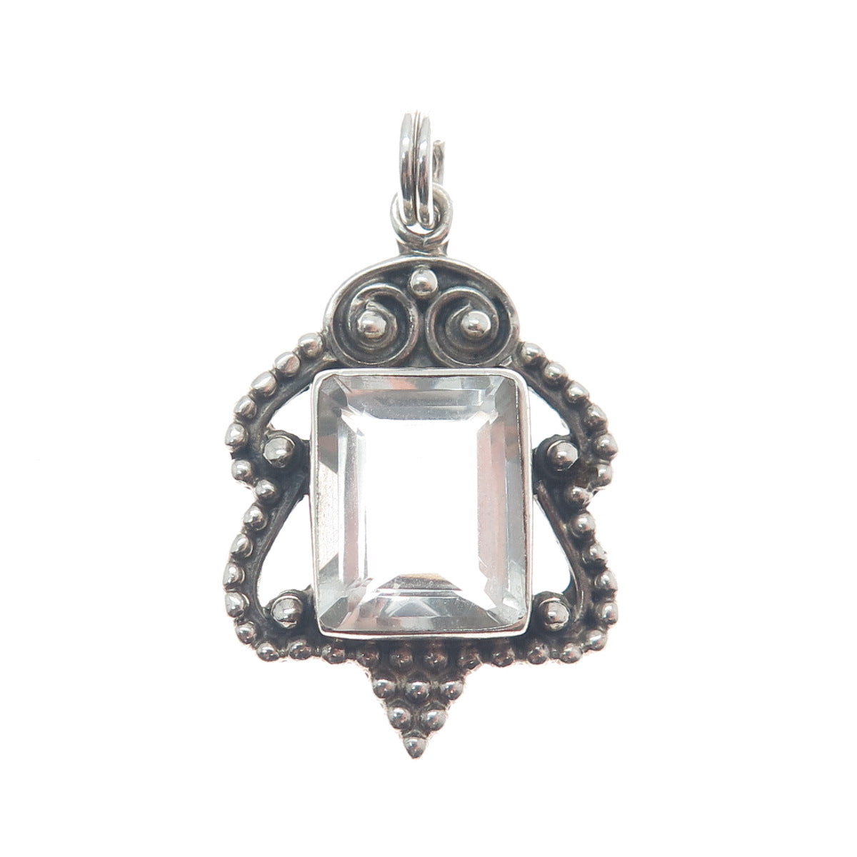925 Sterling Silver Vintage Real White Topaz Gem Beaded Swirl Charm Pendant