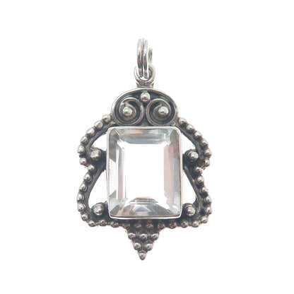 925 Sterling Silver Vintage Real White Topaz Gem Beaded Swirl Charm Pendant