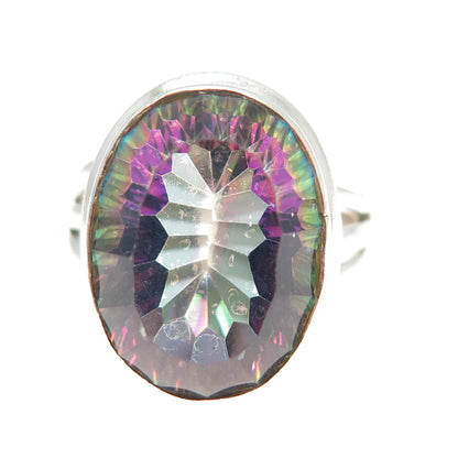 925 Sterling Silver Vintage Real Oval-Cut Mystic Quartz Ring Size 6.25