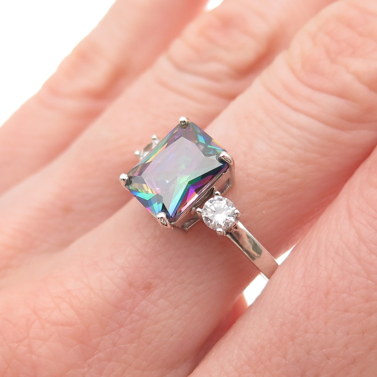925 Sterling Silver Real Mystic Quartz & C Z Ring Size 10
