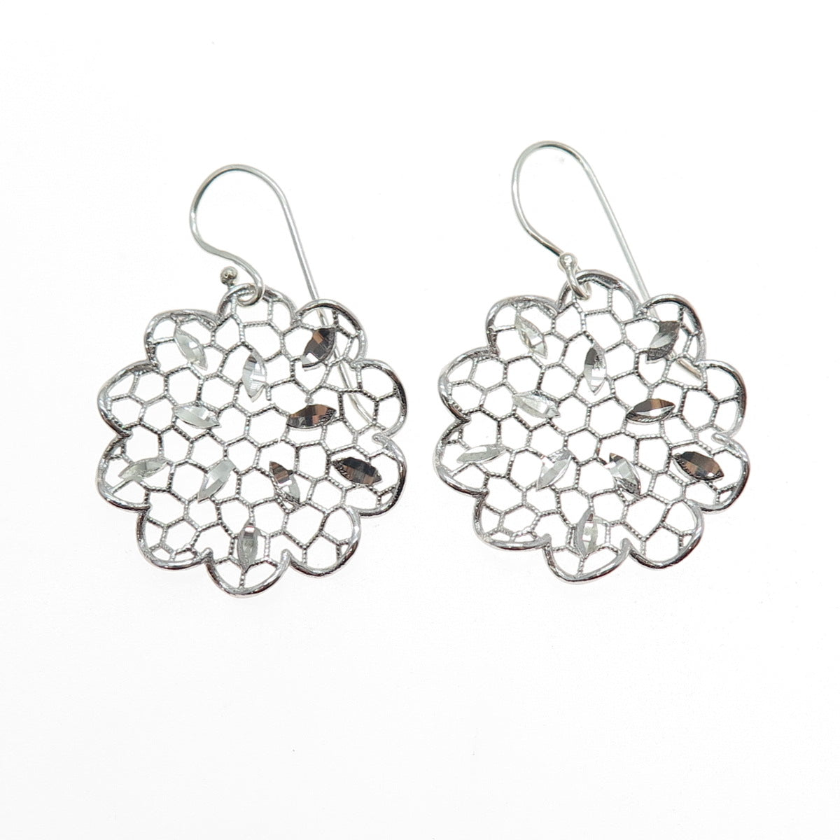 925 Sterling Silver Vintage Flower Filigree Dangle Earrings