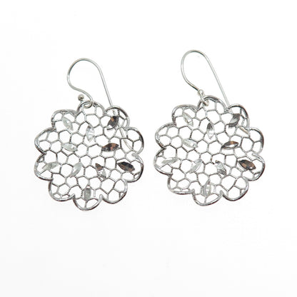 925 Sterling Silver Vintage Flower Filigree Dangle Earrings