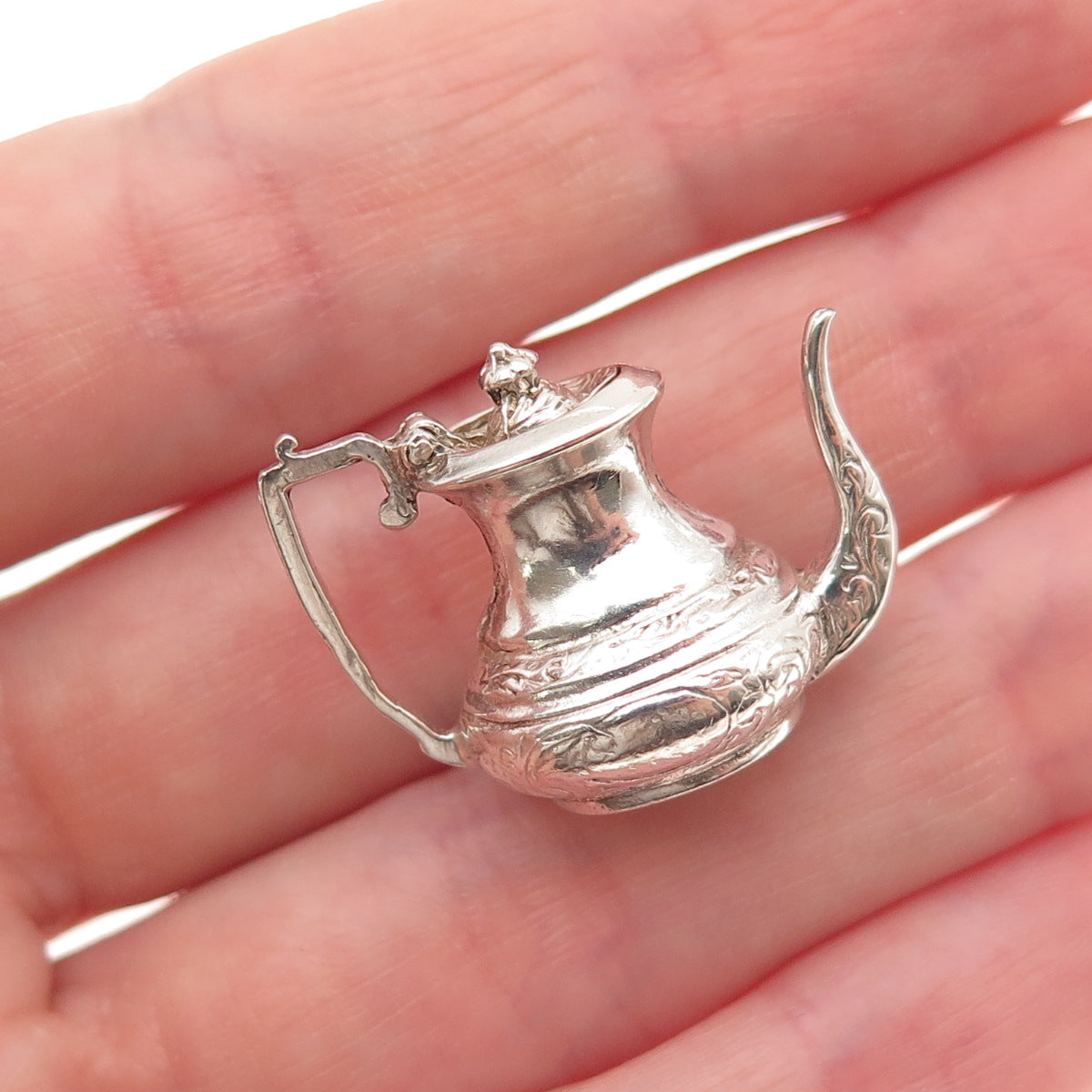 925 Sterling Silver Antique Art Deco Teapot Oxidized 3D Open Charm Pendant