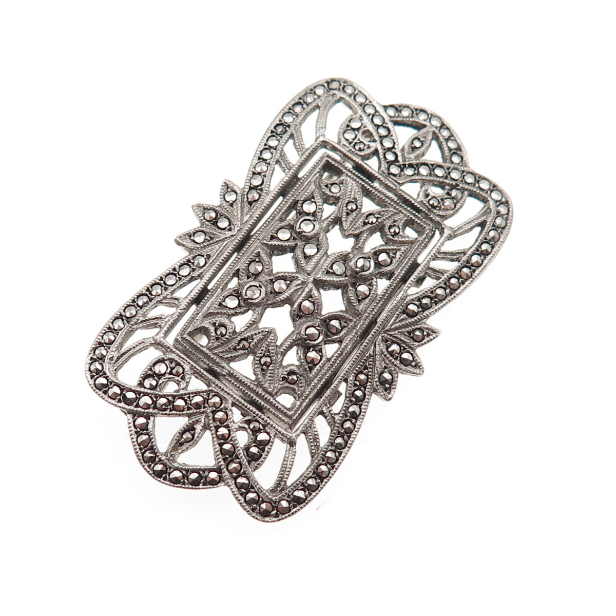 925 Sterling Silver Antique Art Deco Real Marcasite Floral Oxidized Pin Brooch