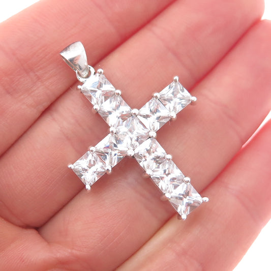 925 Sterling Silver Princess-Cut C Z Cross Charm Pendant