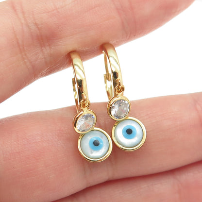 925 Sterling Silver Gold Plated C Z & Enamel Evil Eye Hoop Earrings