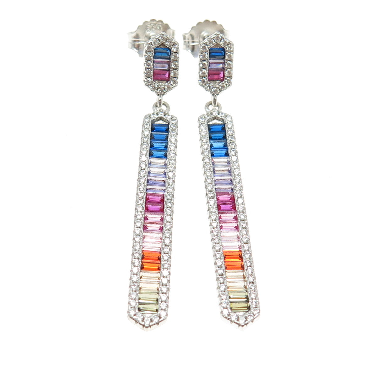 925 Sterling Silver Multi-Color Baguette-Cut C Z Bar Dangling Earrings