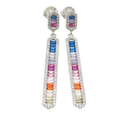 925 Sterling Silver Multi-Color Baguette-Cut C Z Bar Dangling Earrings