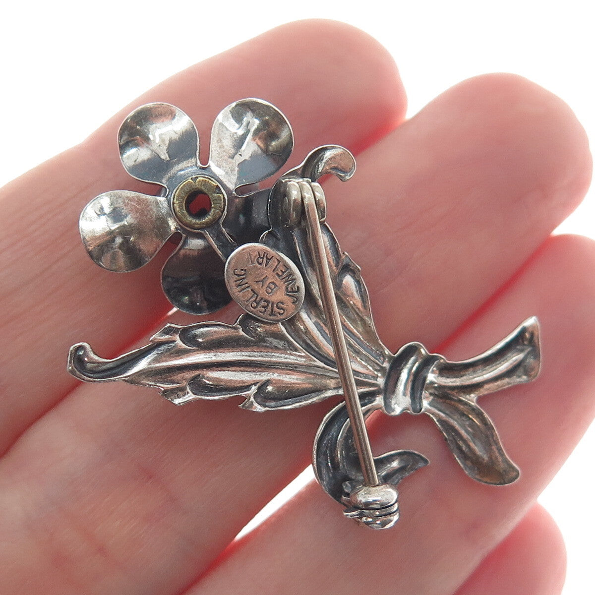 JEWELART 925 Sterling Silver Antique Art Deco Flower Leaf Pin Brooch