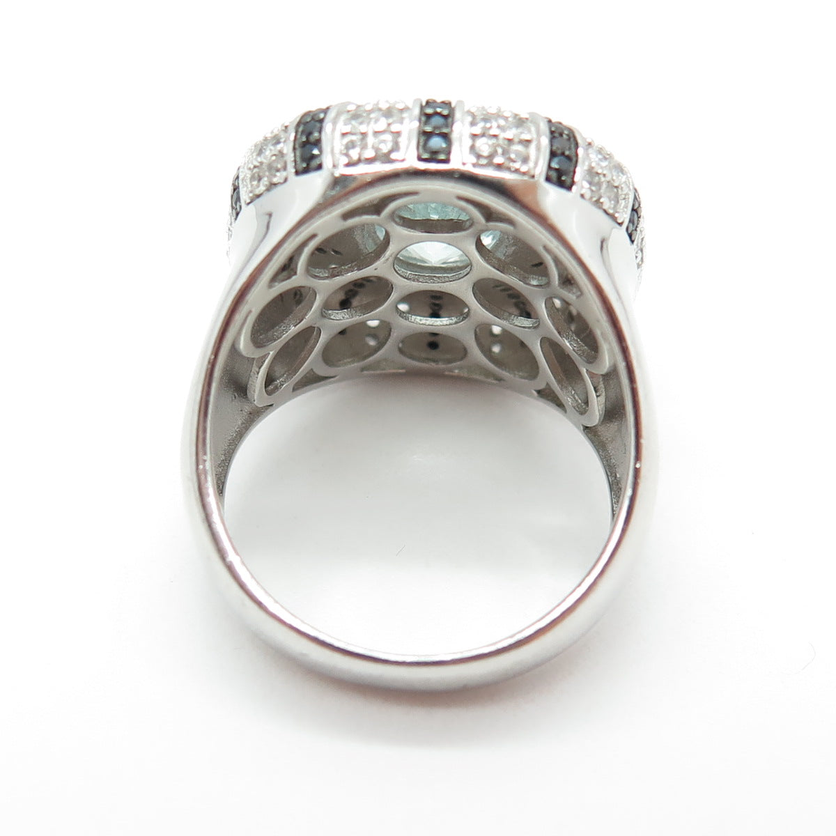 925 Sterling Silver Real Blue & White Topaz Black Spinel Ring Size 8