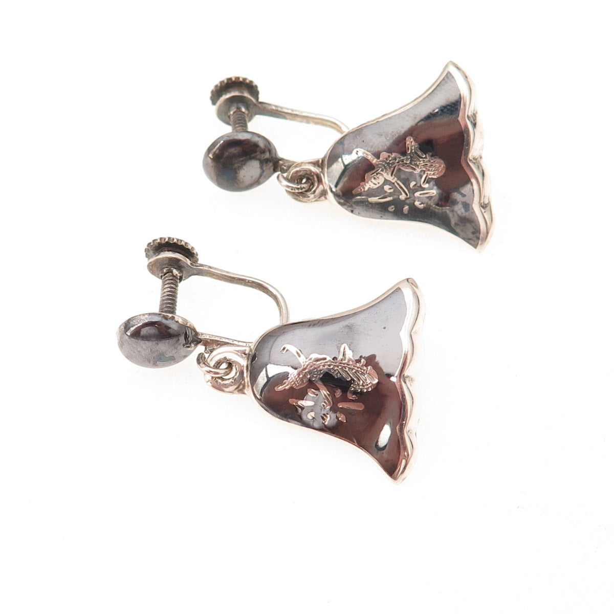 925 Sterling Antique Art Deco Siam Niello Hindu Goddess Screw Back Earrings