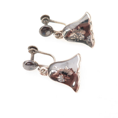 925 Sterling Antique Art Deco Siam Niello Hindu Goddess Screw Back Earrings