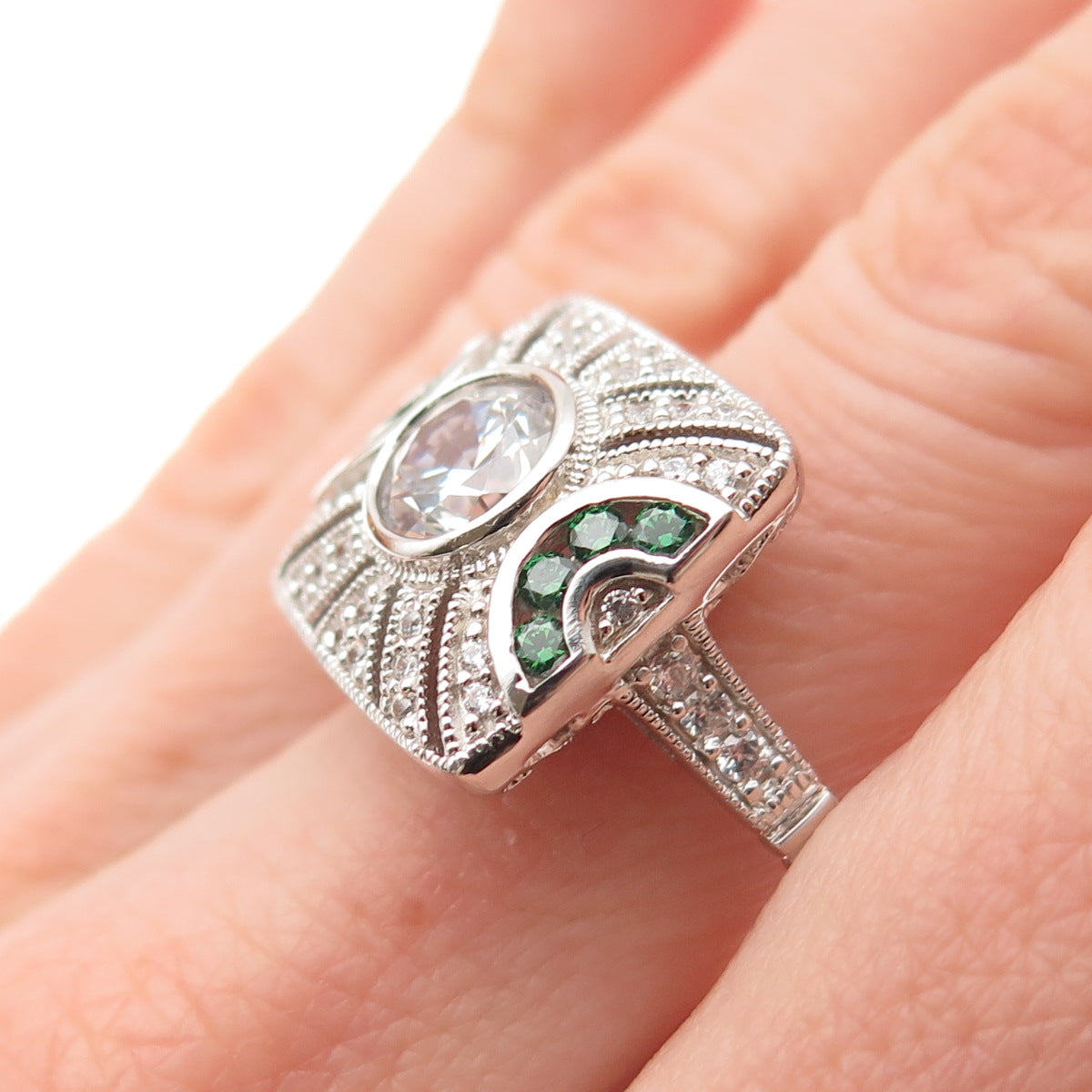 ESPO Joseph Esposito 925 Sterling Silver White & Green C Z Bohemian Ring Size 10