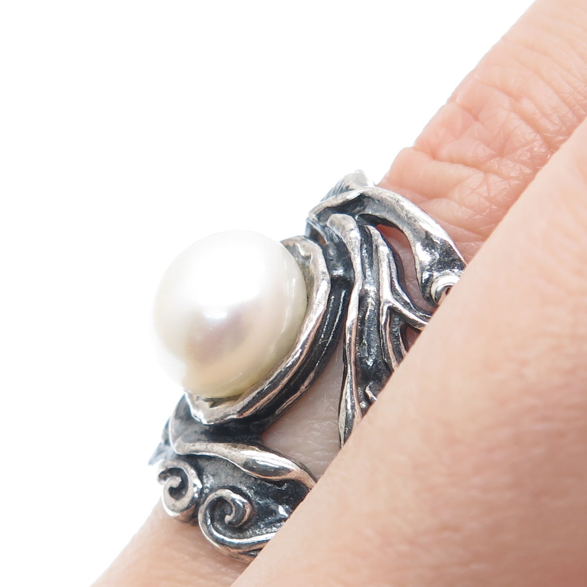 DIDAE Sterling Silver Vintage Israel Real Pearl Modernist Oxidized Ring Size 7
