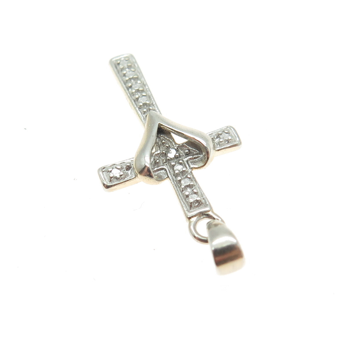 925 Sterling Silver Real White Diamond Accent Cross w/Heart Pendant