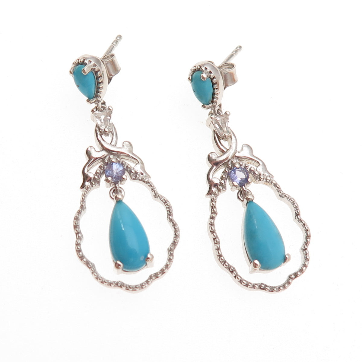 Chuck Clemency 925 Sterling Silver Real Turquoise & Tanzanite Dangle Earrings