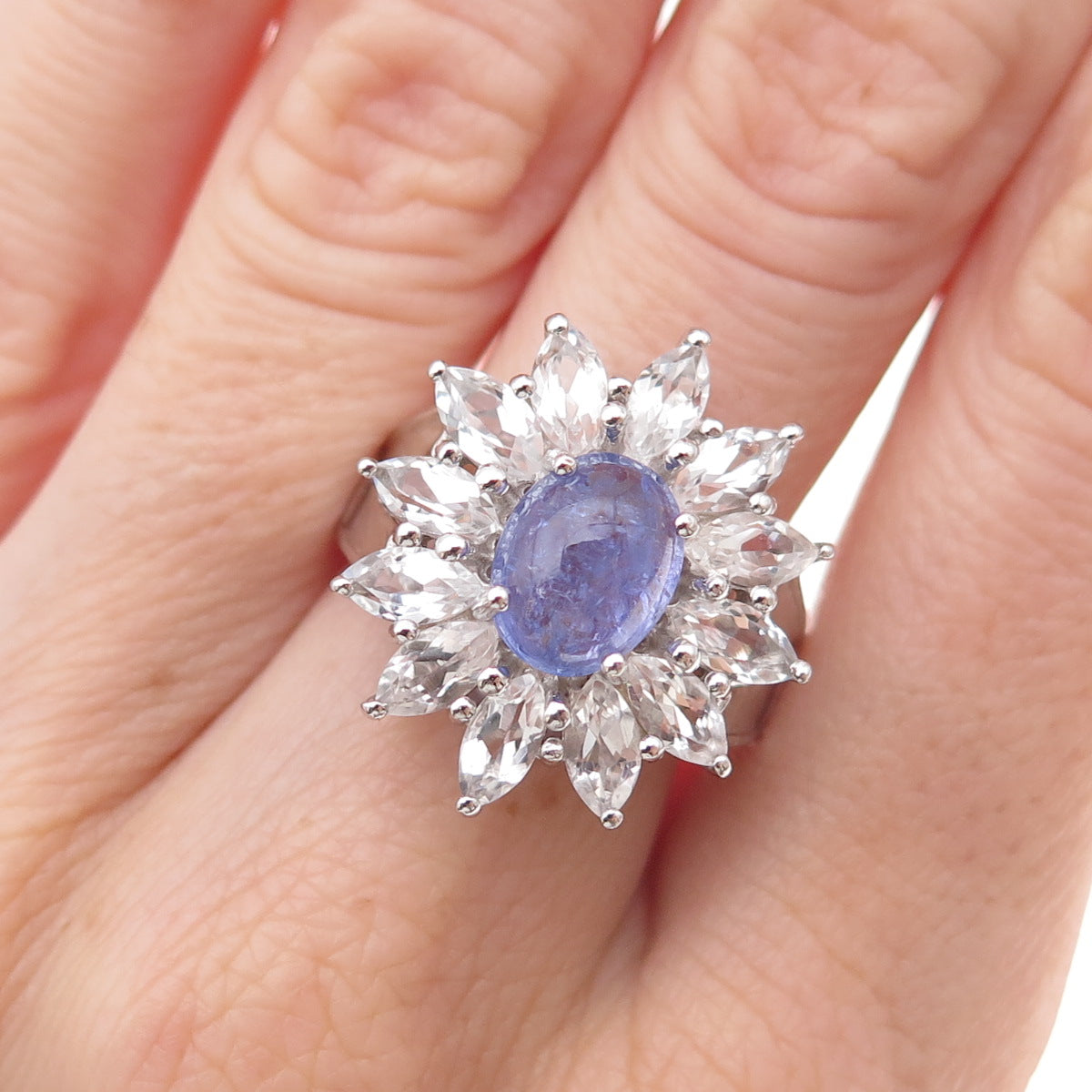 925 Sterling Silver Real Tanzanite & White Topaz Floral Ring Size 8