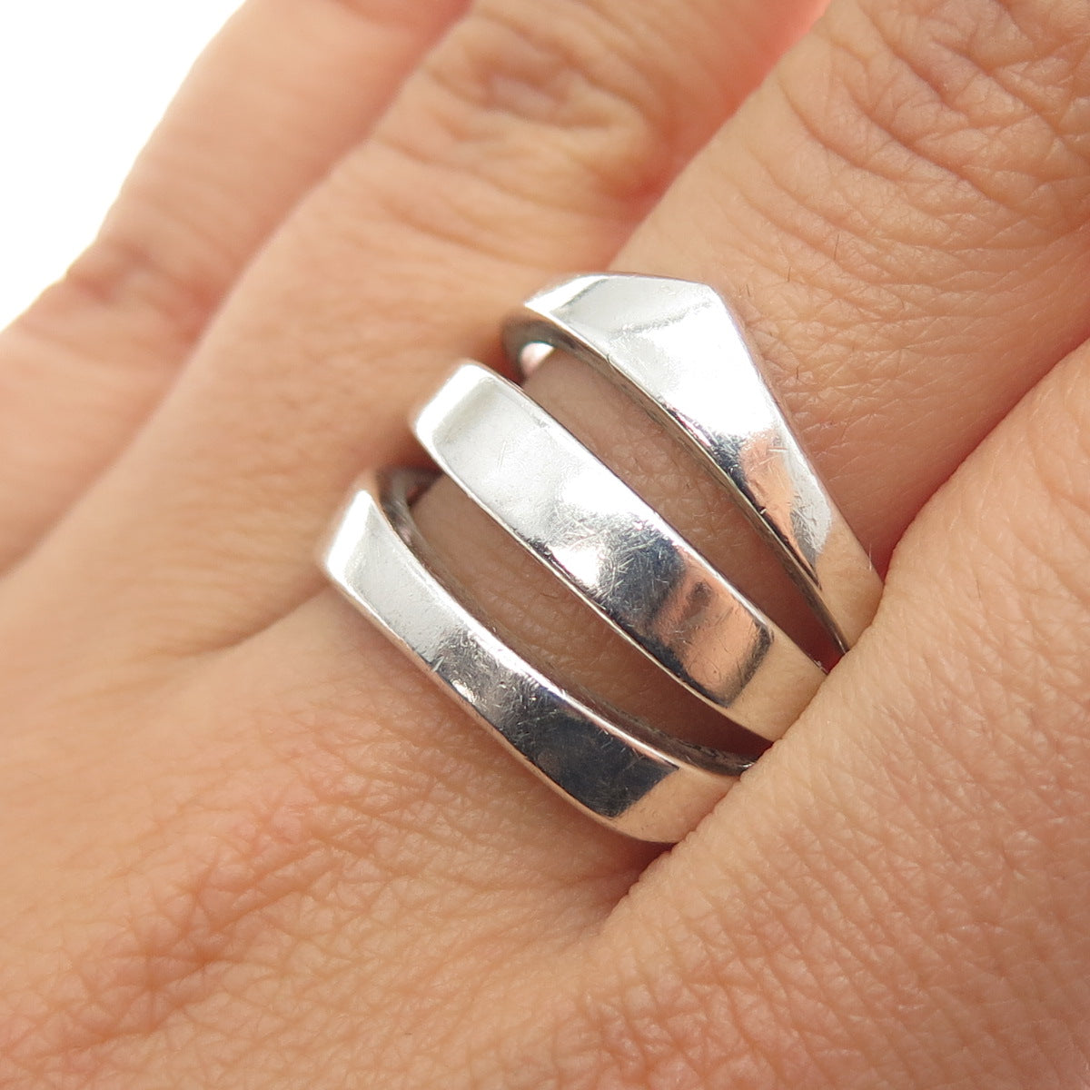 925 Sterling Silver Vintage Modernist 3-Row Ring Size 8.75