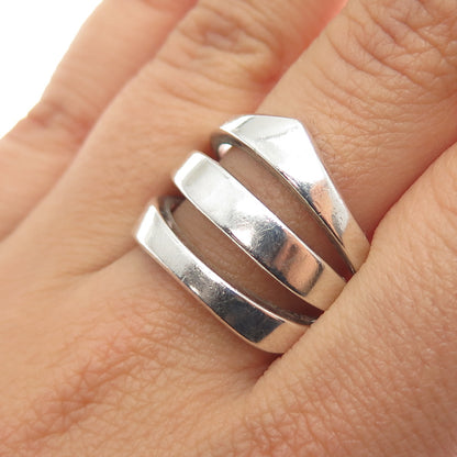 925 Sterling Silver Vintage Modernist 3-Row Ring Size 8.75