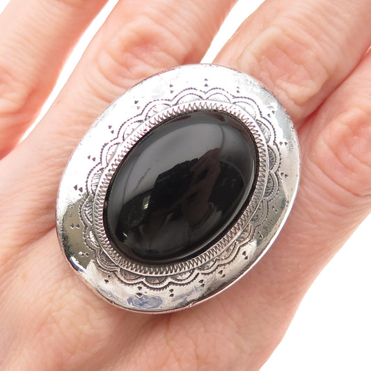 925 Sterling Silver Vintage Mexico Black Onyx Oxidized Statement Ring Size 8.5