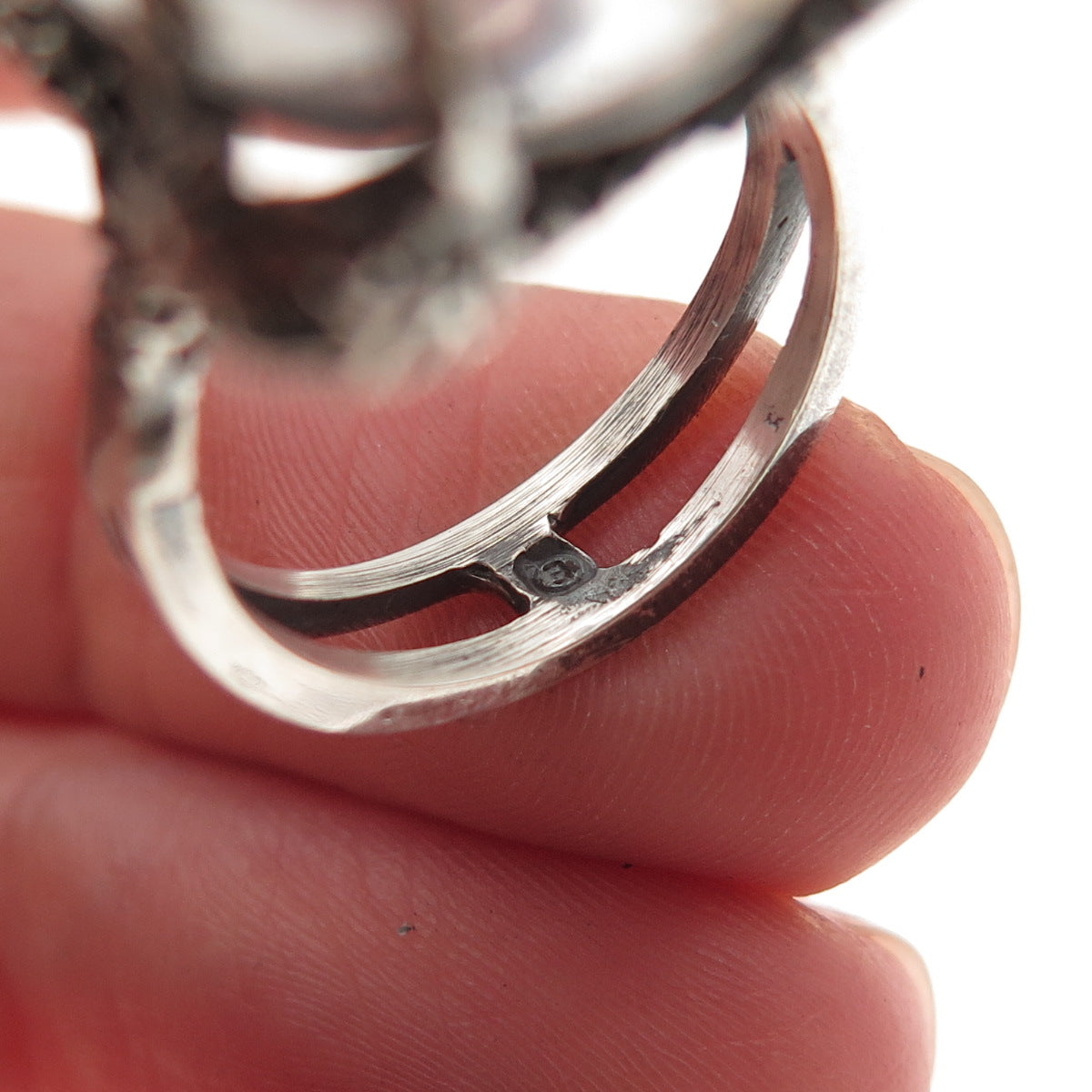 925 Sterling Silver Vintage Real Clear Quartz Modernist Oxidized Ring Size 5.5