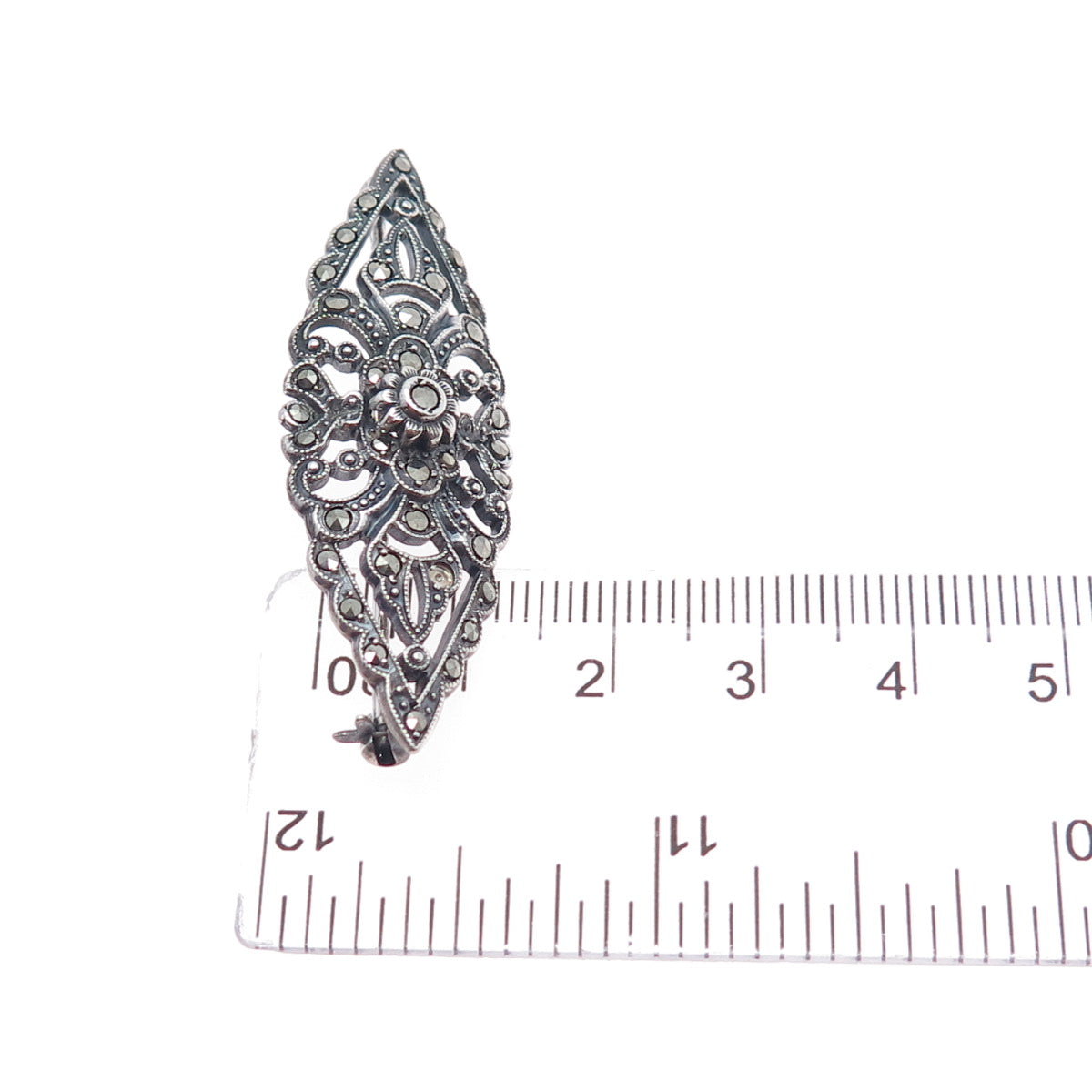 925 Sterling Silver Antique Art Deco Real Marcasite Brooch (missing 2 stones)