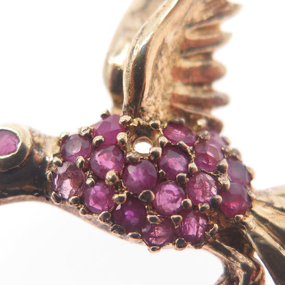 925 Sterling Gold Plated Vintage Real Ruby Hummingbird Brooch (missing 1 stone)
