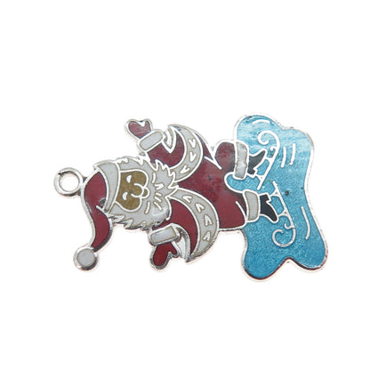 WELLS 925 Sterling Silver Antique Enamel Santa Claus Ice Skating Charm Pendant