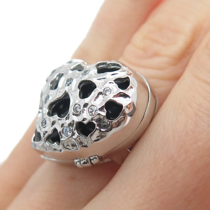 925 Sterling Silver Real Black Onyx Gem & C Z Heart Cutout Locket Ring Size 7