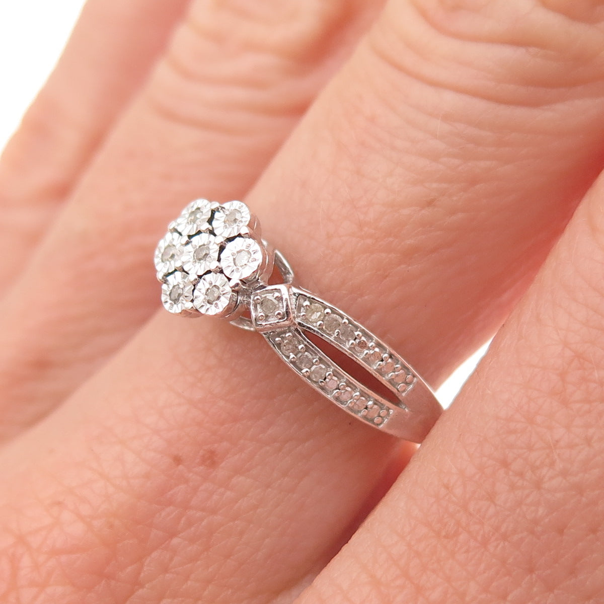 925 Sterling Silver Real Round-Cut Diamond Engagement Ring Size 7