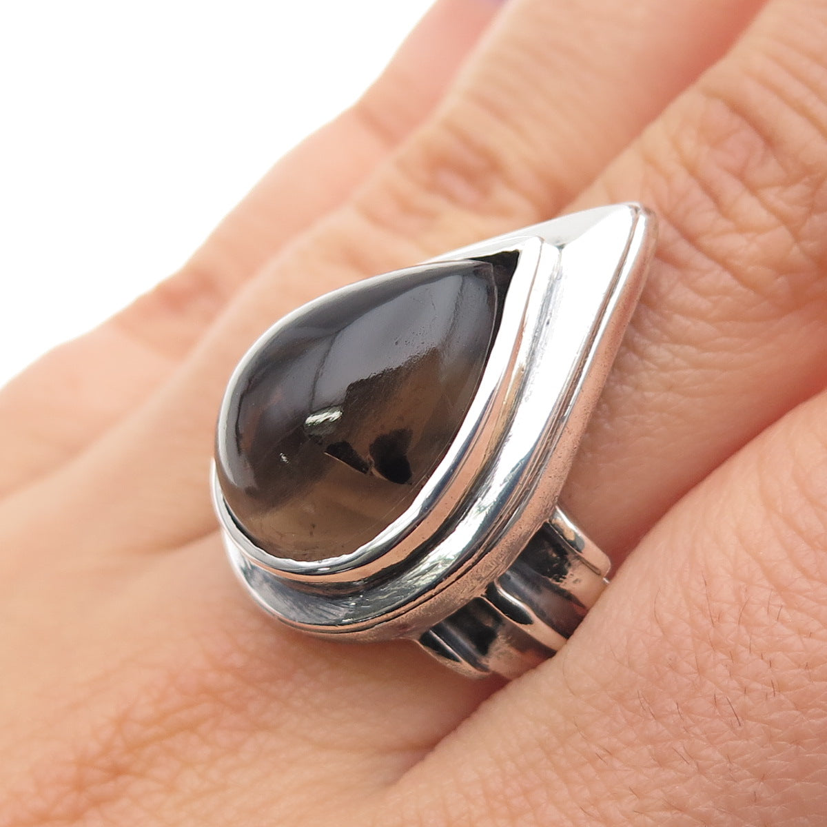925 Sterling Silver Vintage Real Smoky Quartz Modernist Oxidized Ring Size 7.25