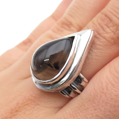 925 Sterling Silver Vintage Real Smoky Quartz Modernist Oxidized Ring Size 7.25