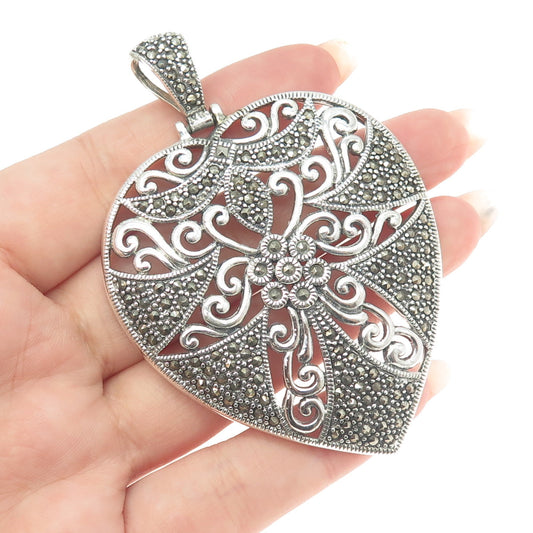 925 Sterling Silver Vintage Real Marcasite Gemstone Heart Ornate Pendant