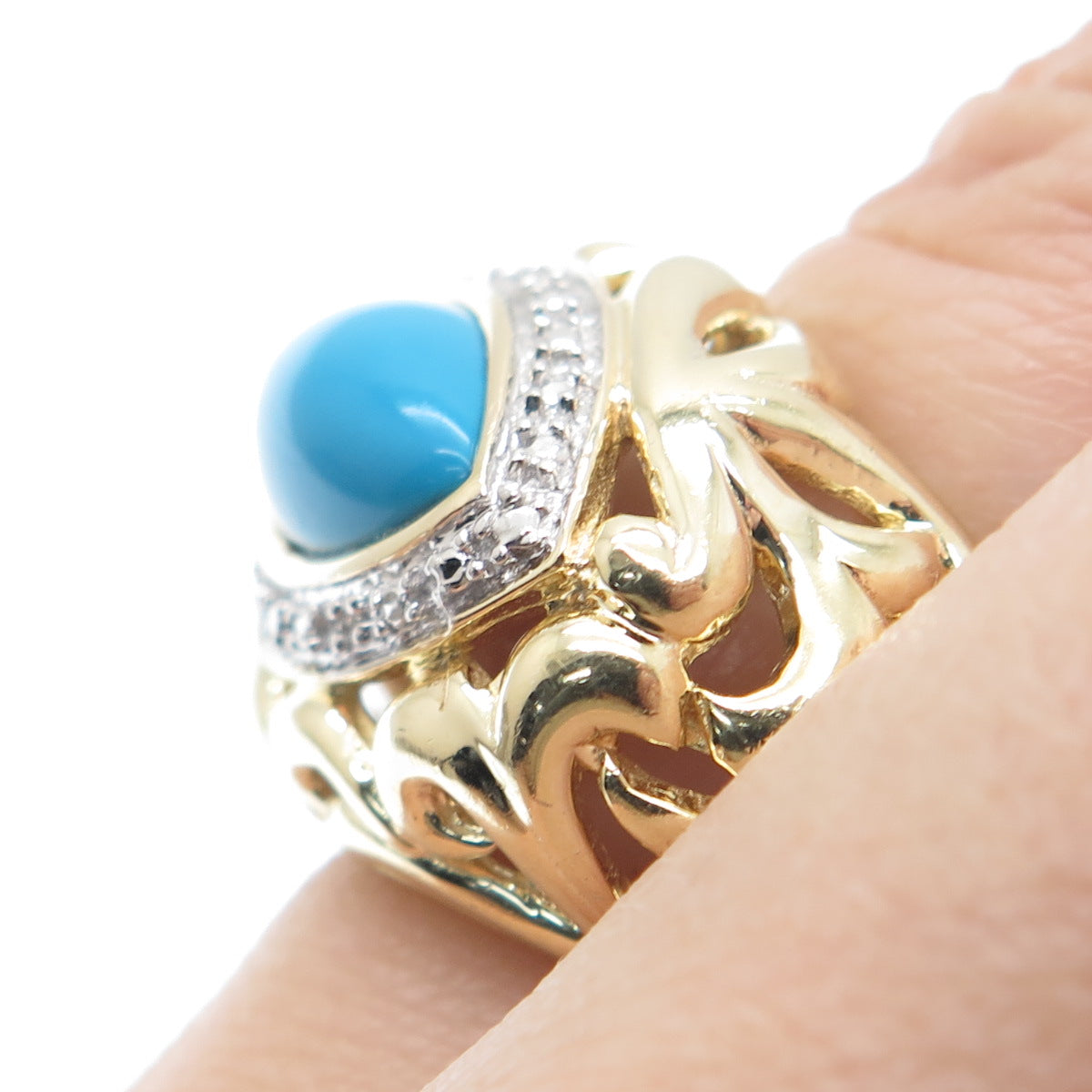 925 Sterling Silver Gold Plated Real Diamond Accent & Turquoise Ring Size 5.5