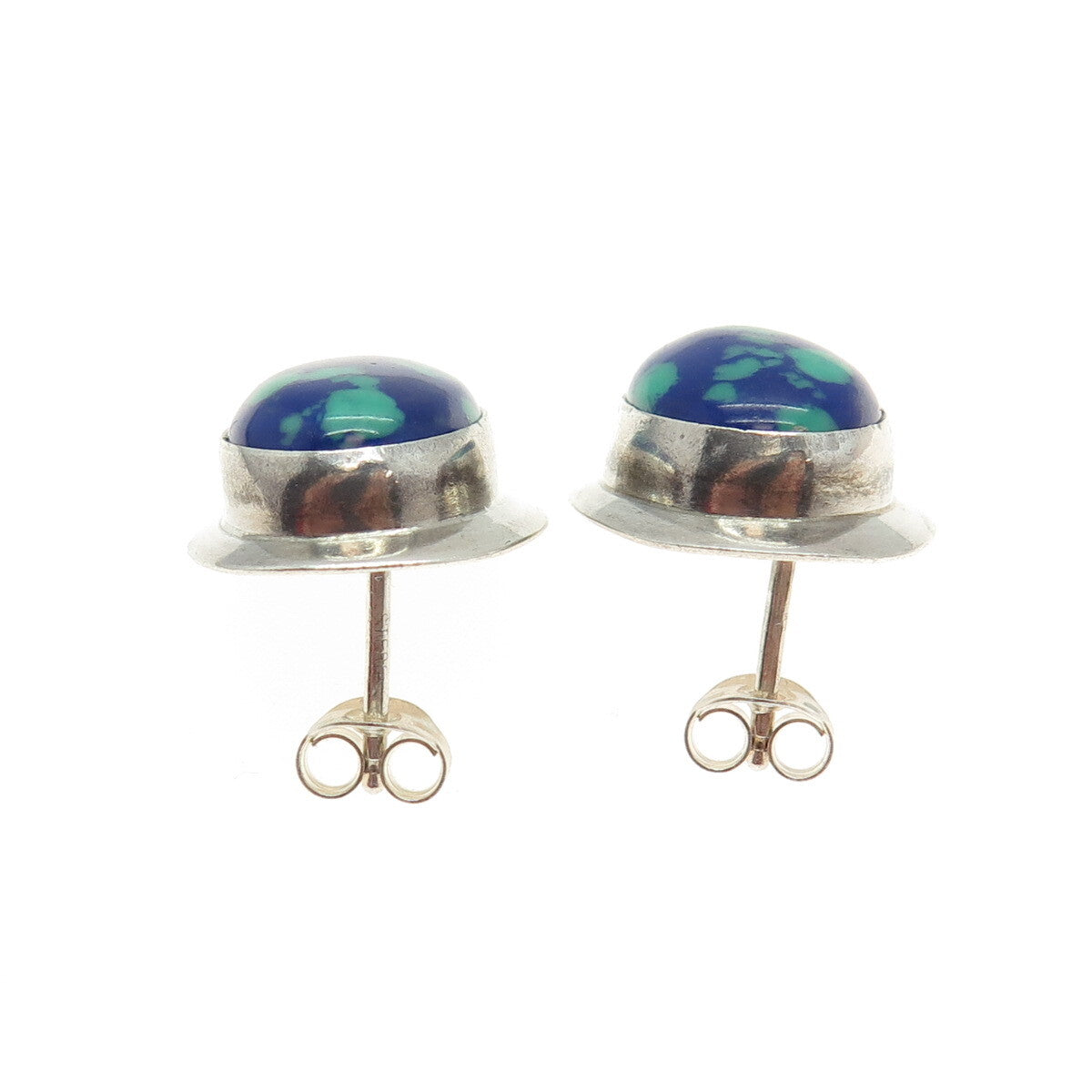 925 Sterling Silver Vintage Real Azurite Gemstone Modernist Oval Earrings
