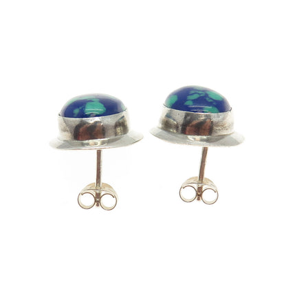 925 Sterling Silver Vintage Real Azurite Gemstone Modernist Oval Earrings