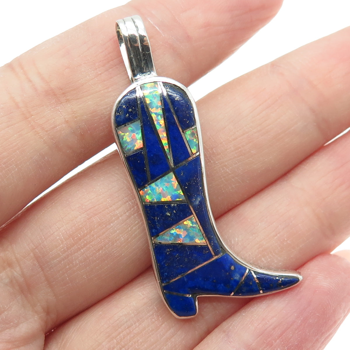 925 Sterling Silver Vintage Real Lapis Lazuli & Opal Cowboy Boot Pendant