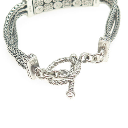 925 Sterling Silver Vintage Floral ID 3-Row Wheat Link Bracelet 6.75"