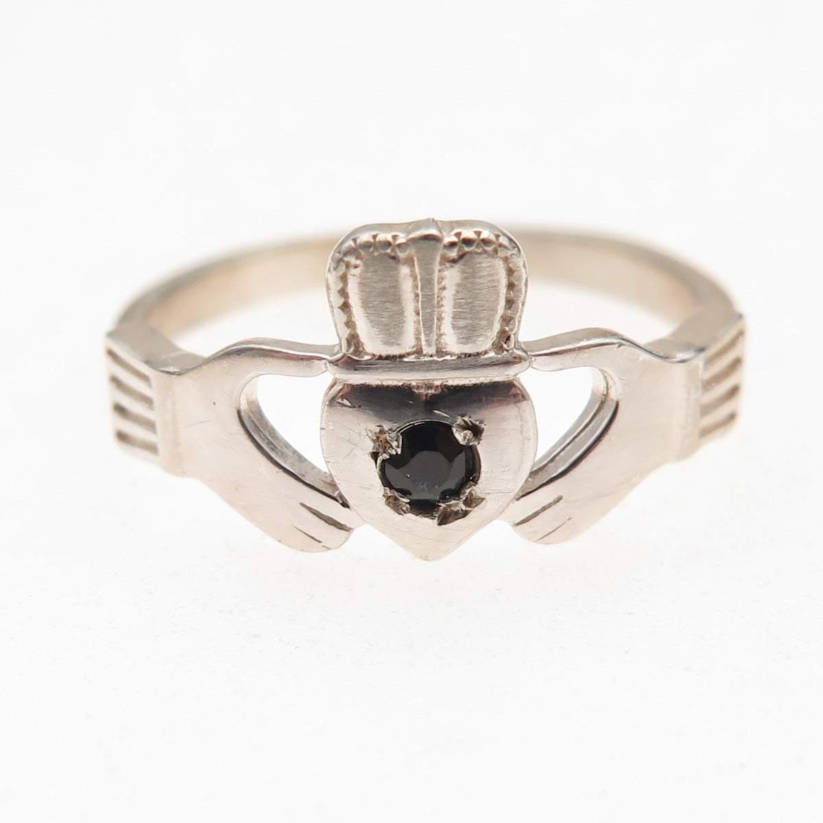925 Sterling Silver Vintage Real Sapphire Irish Claddagh Ring Size 8.25