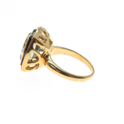 925 Sterling Silver Gold Plated Real Diamond & Green Amethyst Ring Size 6.75